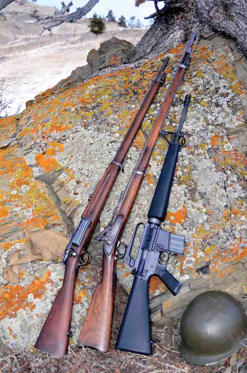 Left to right: U.S. Springfield Model 1896 30 Army (30-40 Krag), U.S. Model 1868 50 Gov’t (50-70) and BRN-16A1 representing U.S. M16 5.56mm (223 Remington).
